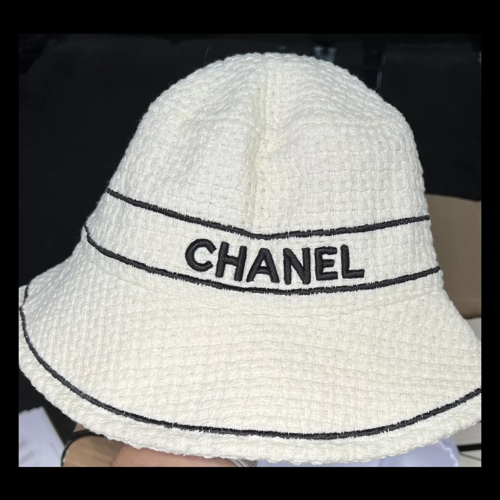Chanel Bucket Hat  White Tweed With Black Embroidery Size M